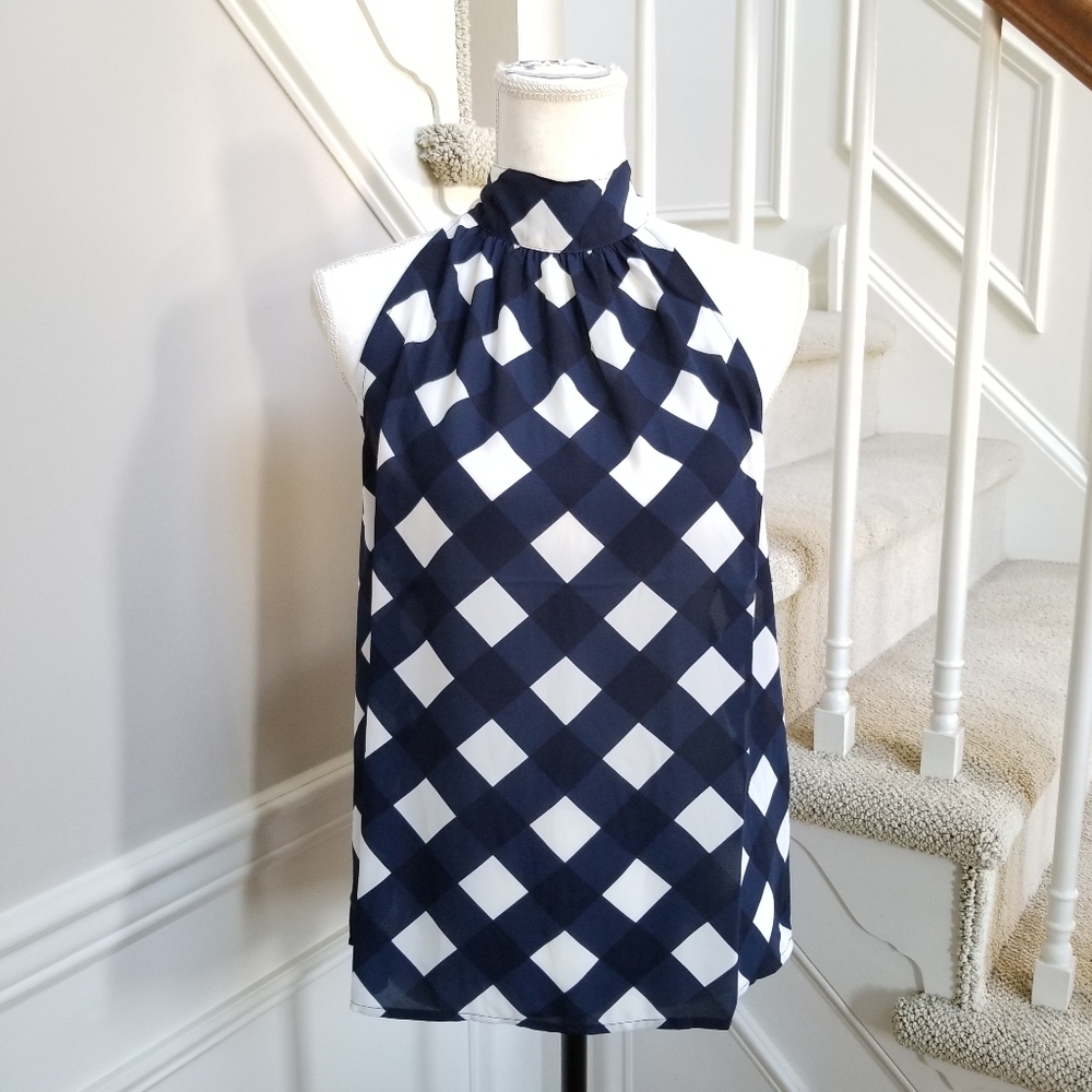 🆕️ J CREW Navy Gingham Check Tie-Neck tank top - Picture 4 of 8